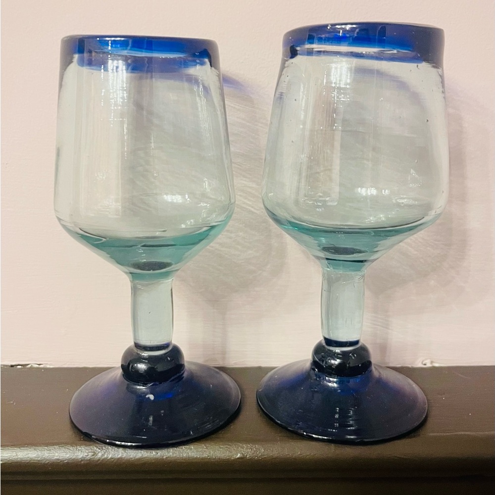 Blue Rim Handblown Glass Wine Goblets - Set of 2